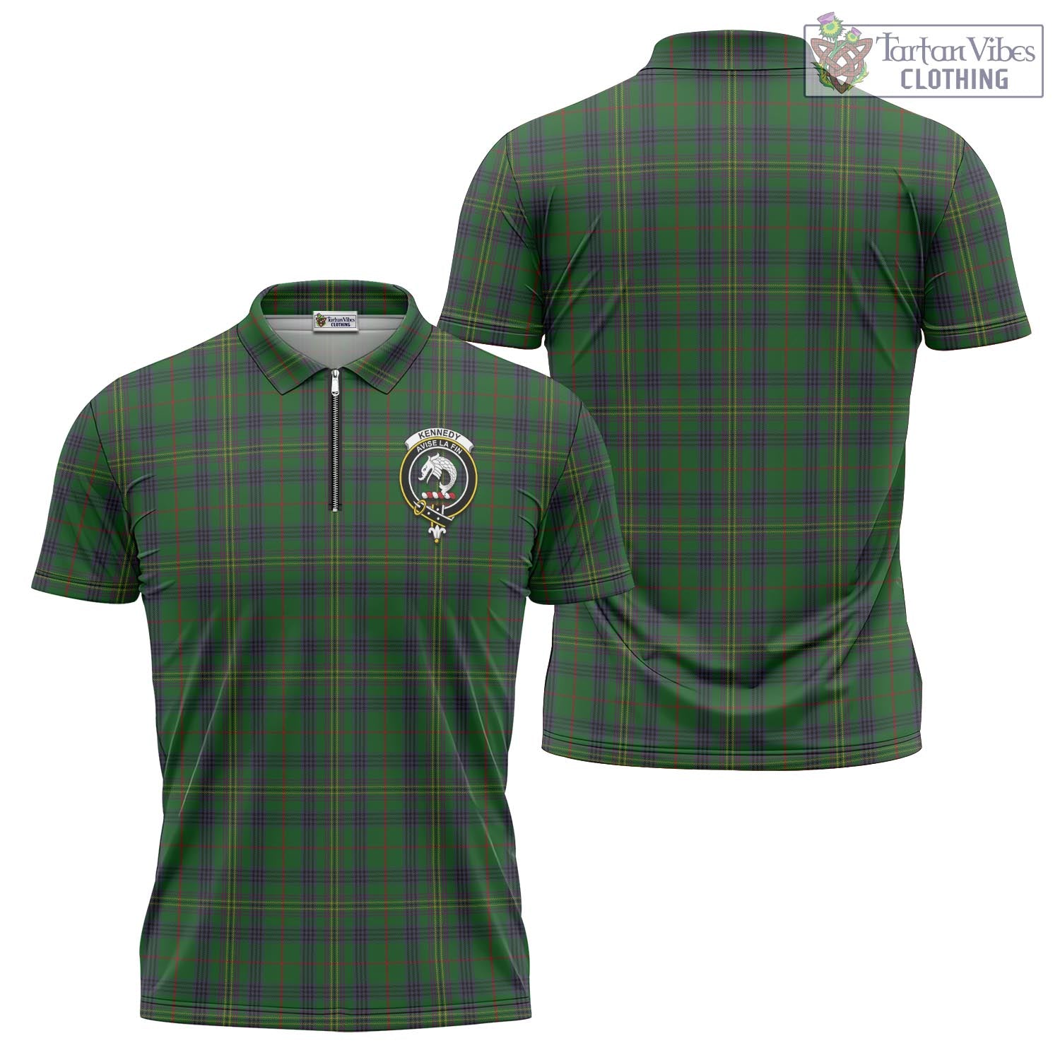 Tartan Vibes Clothing Kennedy Tartan Zipper Polo Shirt with Family Crest