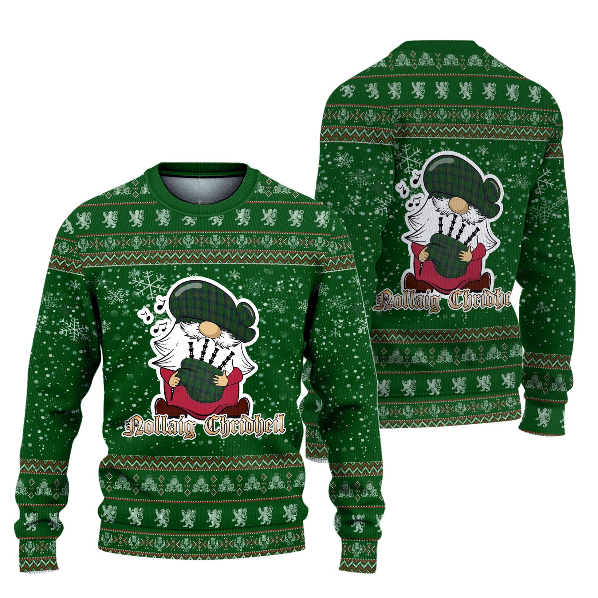 Kennedy Clan Christmas Family Knitted Sweater with Funny Gnome Playing Bagpipes Unisex Green - Tartanvibesclothing