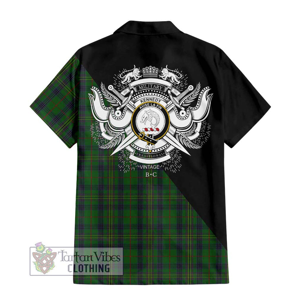 Kennedy Tartan Short Sleeve Button Shirt with Family Crest and Military Logo Style - Tartanvibesclothing Shop