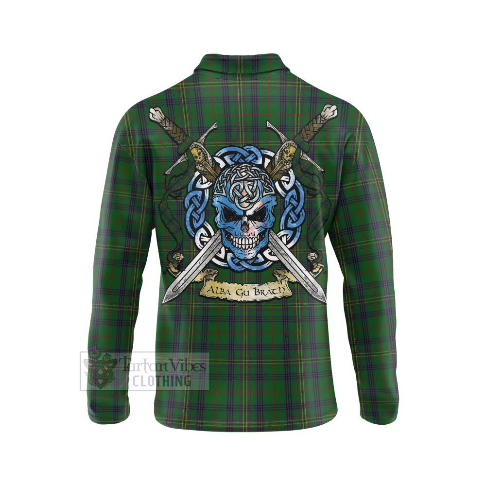 Tartan Vibes Clothing Kennedy Tartan Long Sleeve Polo Shirt with Family Crest Celtic Skull Style