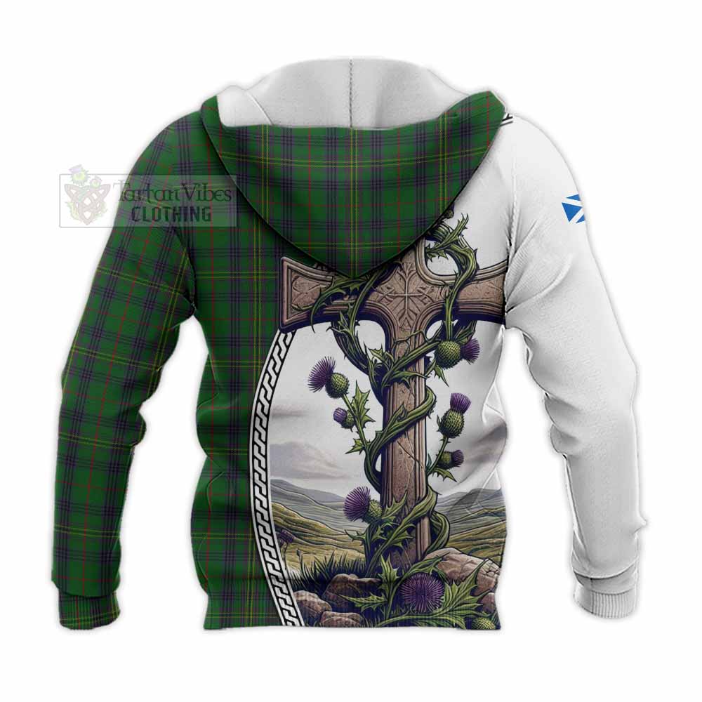 Tartan Vibes Clothing Kennedy Tartan Knitted Hoodie with Family Crest and St. Andrew's Cross Accented by Thistle Vines