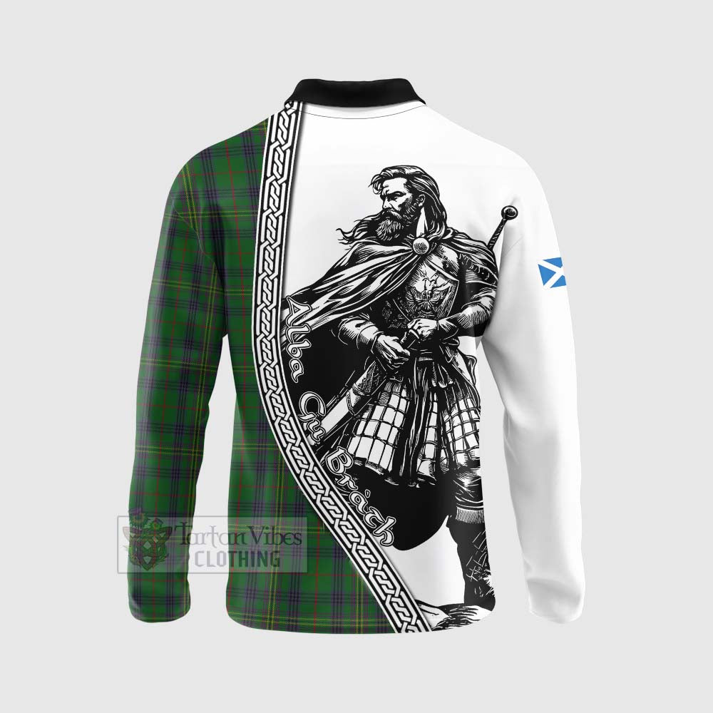 Tartan Vibes Clothing Kennedy Tartan Clan Crest Long Sleeve Polo Shirt with Highlander Warrior Celtic Style