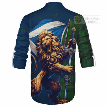 Kennedy Tartan Family Crest Ghillie Kilt Shirt with Scottish Majestic Lion