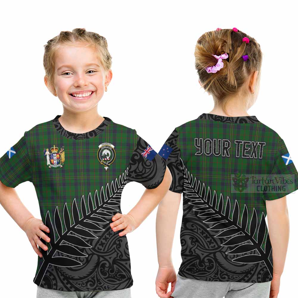 Tartan Vibes Clothing Kennedy Crest Tartan Kid T-Shirt with New Zealand Silver Fern Half Style