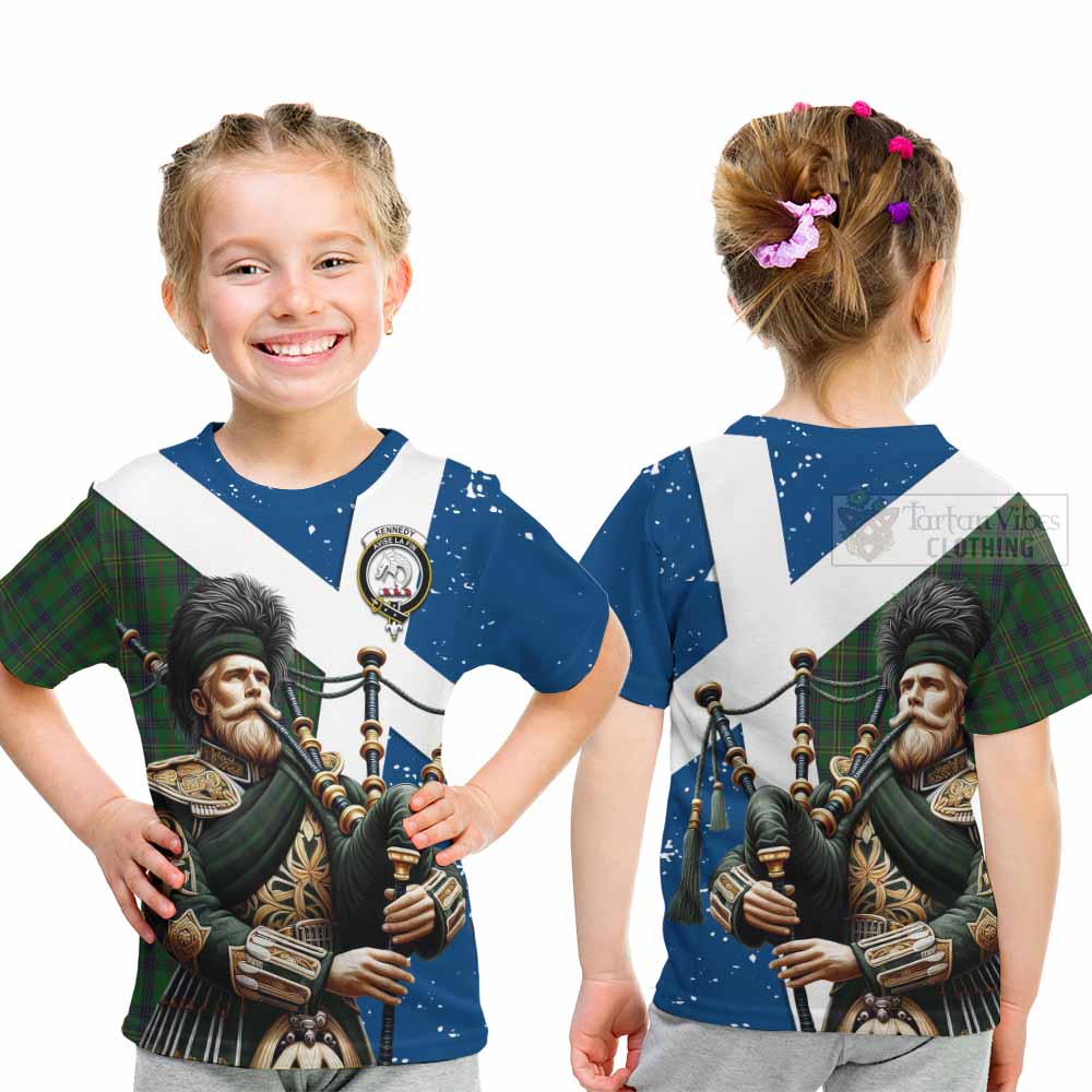 Tartan Vibes Clothing Kennedy Tartan Kid T-Shirt with Family Crest Scottish Bagpiper Vibes