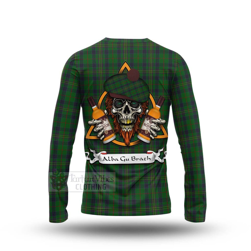 Tartan Vibes Clothing Kennedy Tartan Long Sleeve T-Shirt with Family Crest and Bearded Skull Holding Bottles of Whiskey