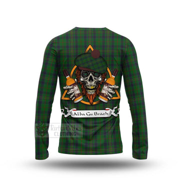 Kennedy Tartan Long Sleeve T-Shirt with Family Crest and Bearded Skull Holding Bottles of Whiskey