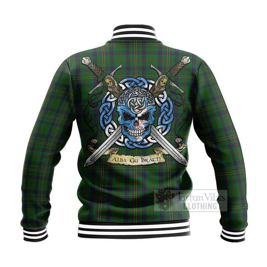 Tartan Vibes Clothing Kennedy Tartan Baseball Jacket with Family Crest Celtic Skull Style