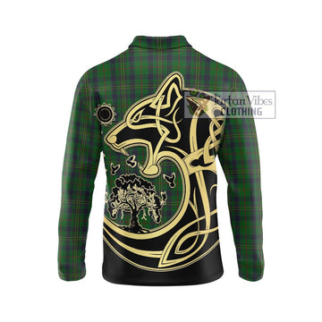 Kennedy Tartan Long Sleeve Polo Shirt with Family Crest Celtic Wolf Style