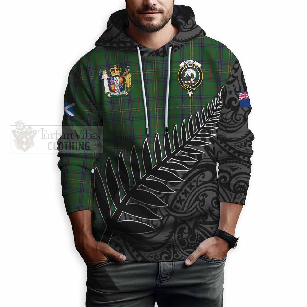 Tartan Vibes Clothing Kennedy Crest Tartan Hoodie with New Zealand Silver Fern Half Style