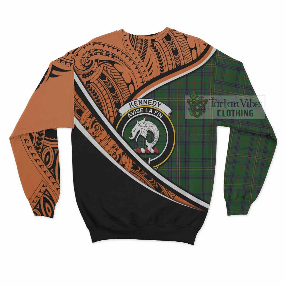 Tartan Vibes Clothing Kennedy Crest Tartan Sweatshirt with Maori Tattoo Style - Orange Version