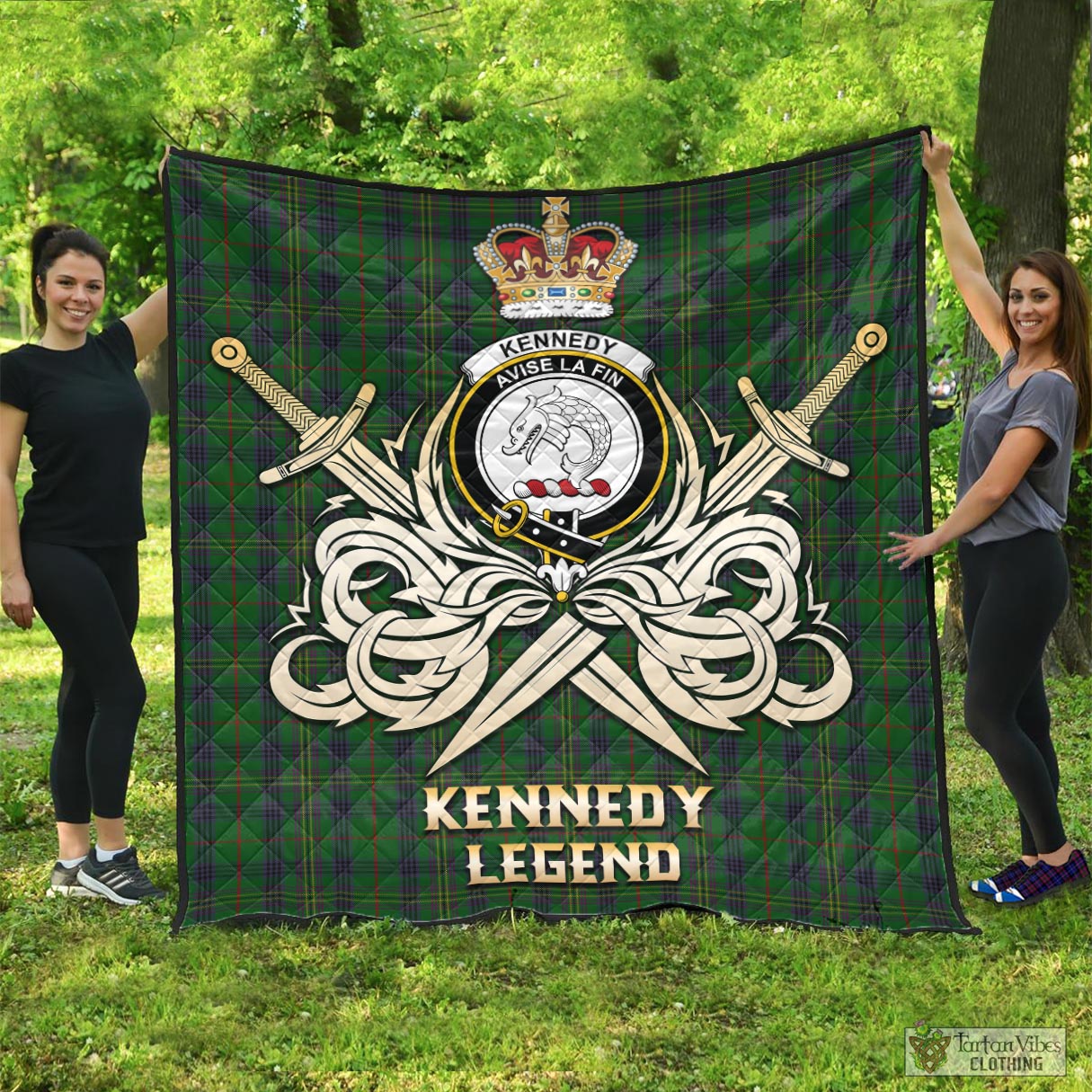 Tartan Vibes Clothing Kennedy Tartan Quilt with Clan Crest and the Golden Sword of Courageous Legacy