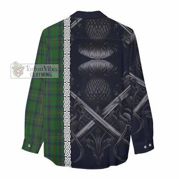 Kennedy Tartan Women's Casual Shirt with Family Crest Cross Sword Thistle Celtic Vibes