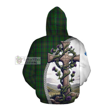 Kennedy Tartan Cotton Hoodie with Family Crest and St. Andrew's Cross Accented by Thistle Vines Pullover Hoodie - Tartan Vibes Clothing