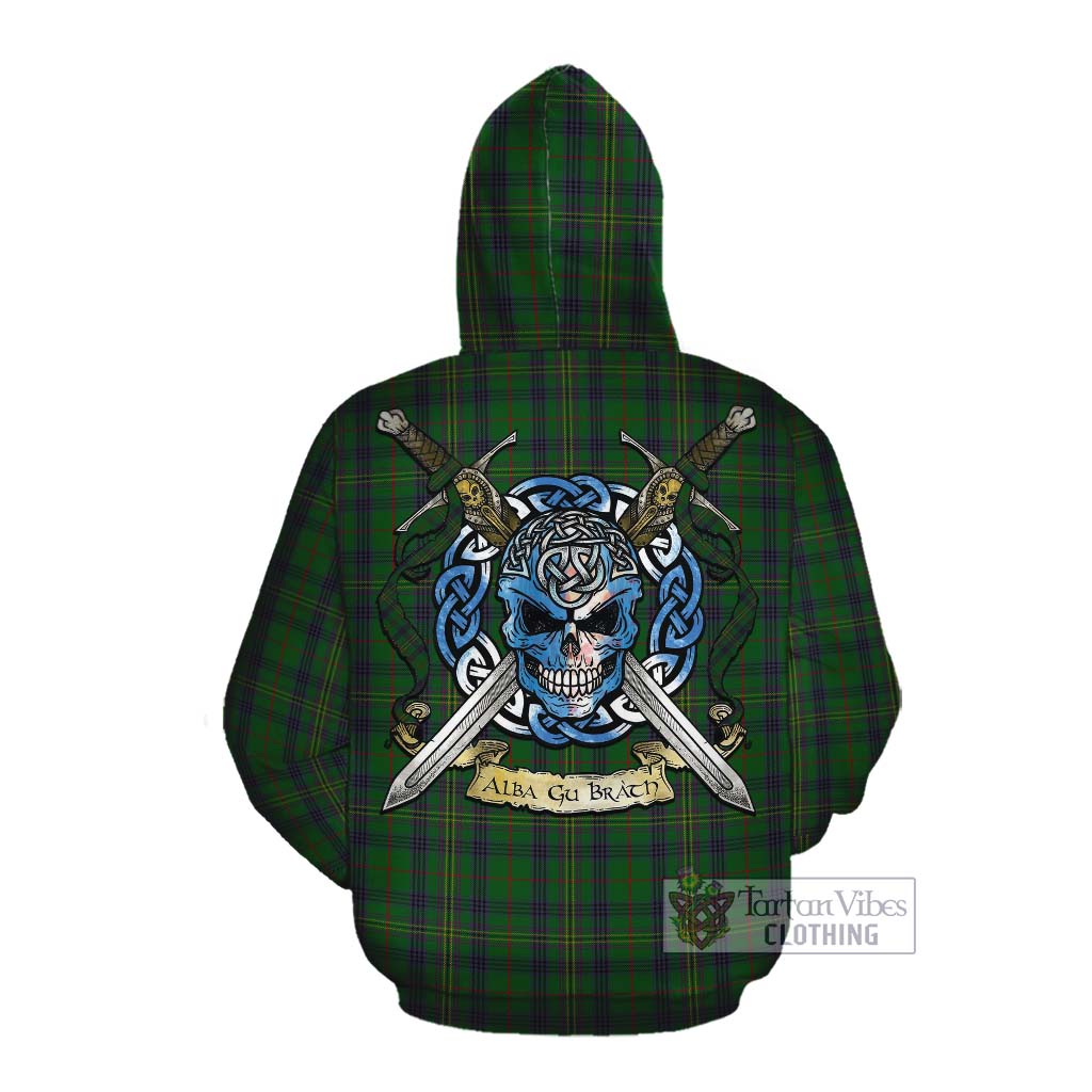 Tartan Vibes Clothing Kennedy Tartan Cotton Hoodie with Family Crest Celtic Skull Style