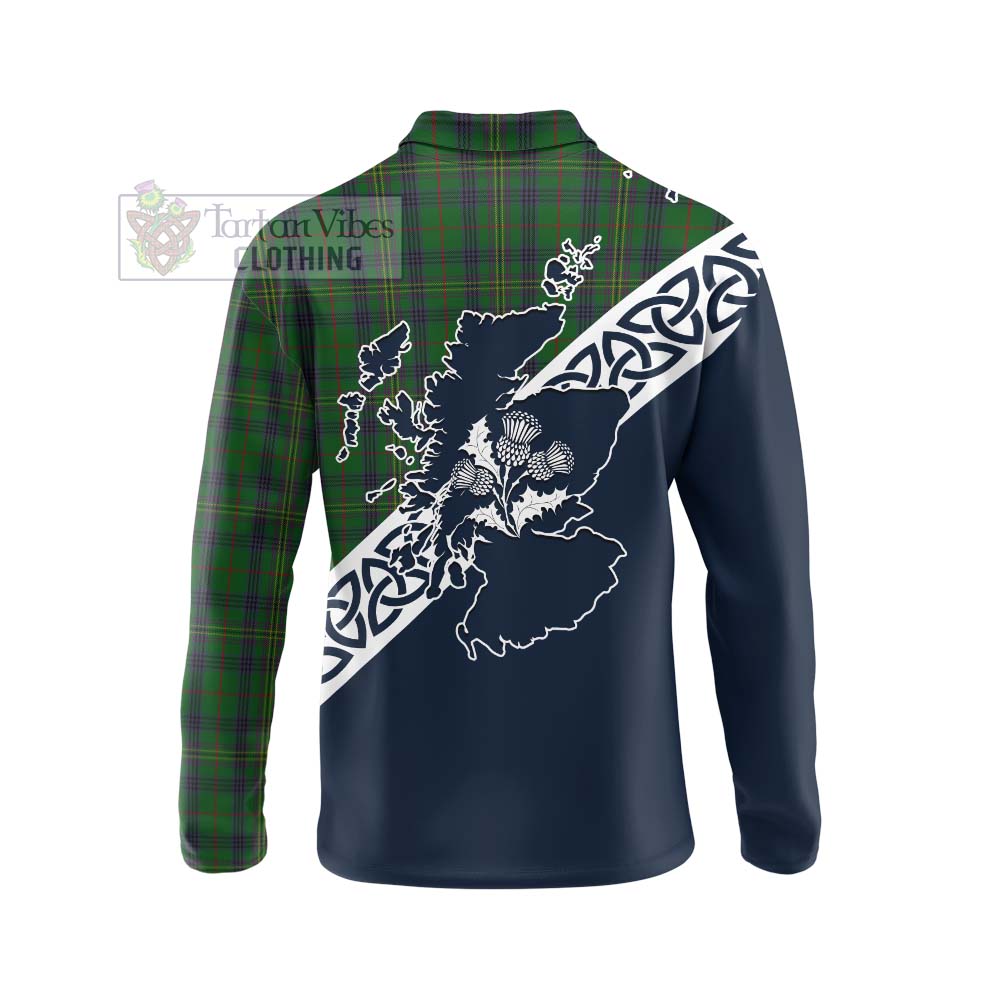 Tartan Vibes Clothing Kennedy Tartan Long Sleeve Polo Shirt Featuring Thistle and Scotland Map