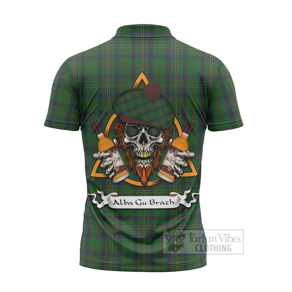 Tartan Vibes Clothing Kennedy Tartan Zipper Polo Shirt with Family Crest and Bearded Skull Holding Bottles of Whiskey