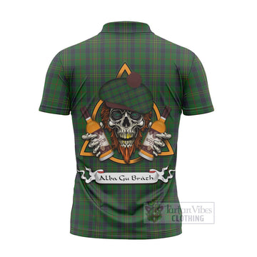 Kennedy Tartan Zipper Polo Shirt with Family Crest and Bearded Skull Holding Bottles of Whiskey