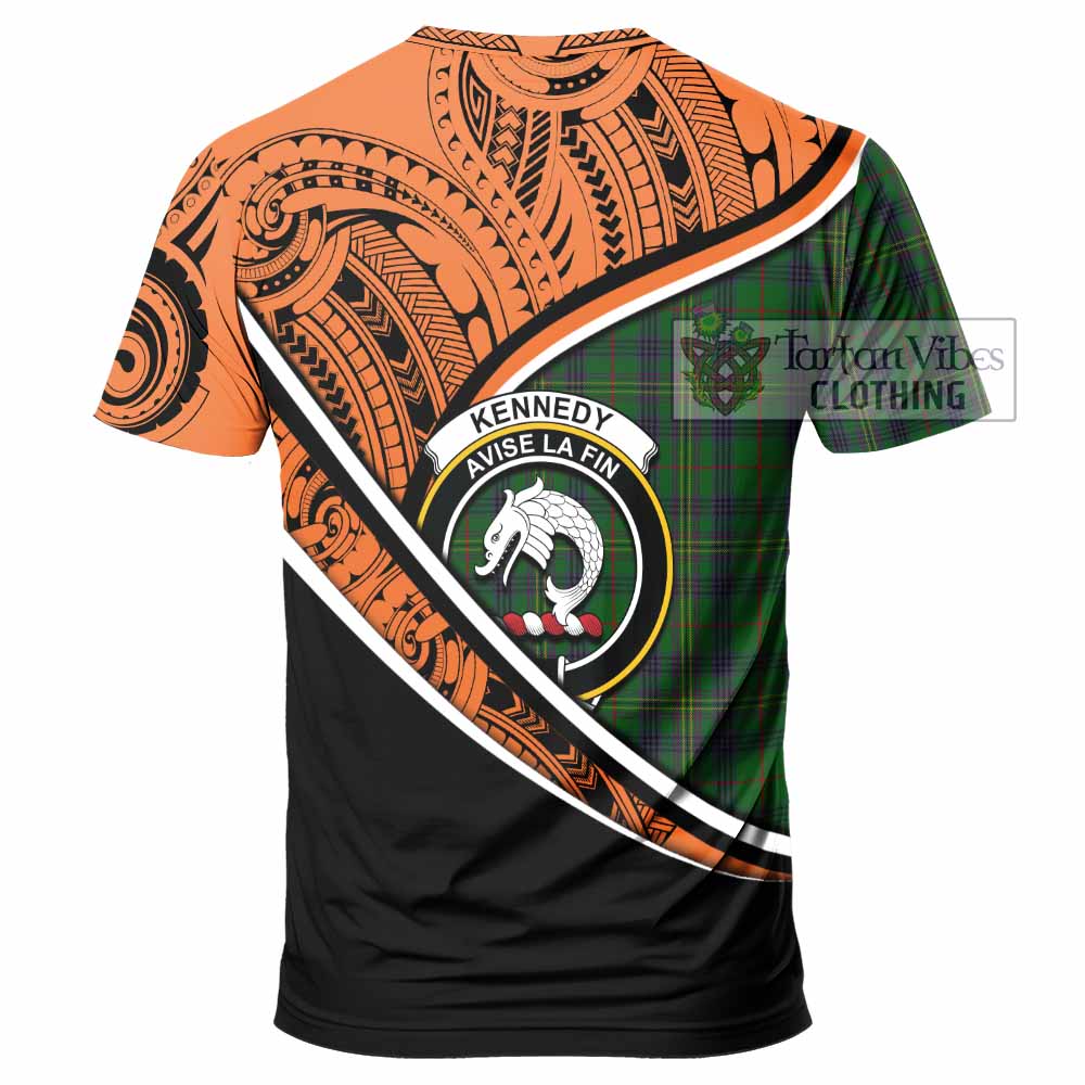 Tartan Vibes Clothing Kennedy Crest Tartan T-Shirt with Maori Tattoo Style - Orange Version