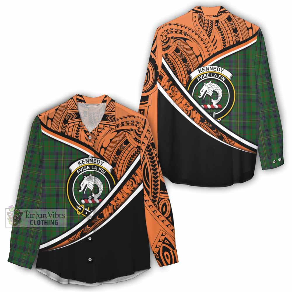 Tartan Vibes Clothing Kennedy Crest Tartan Women's Casual Shirt with Maori Tattoo Style - Orange Version