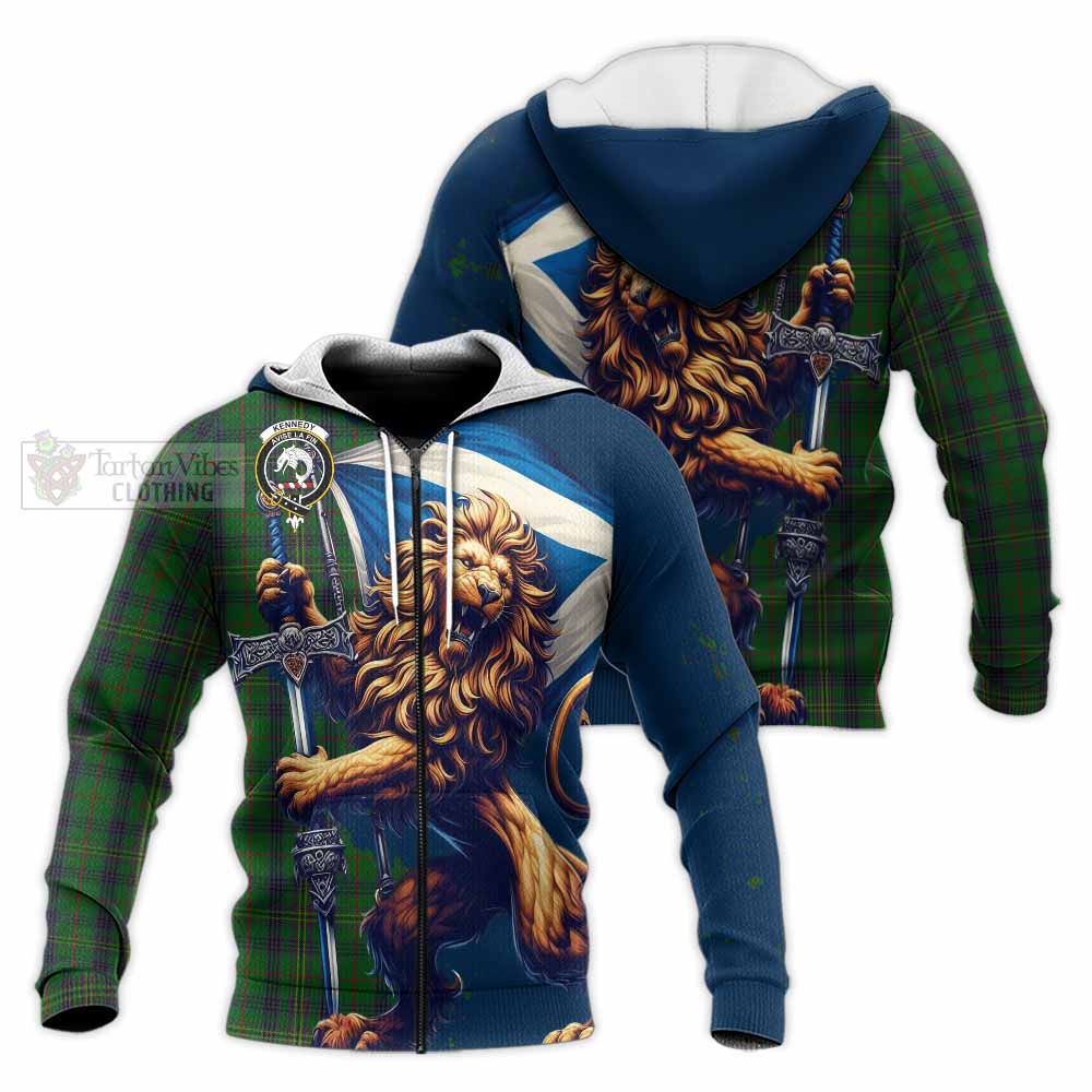 Tartan Vibes Clothing Kennedy Tartan Family Crest Knitted Hoodie with Scottish Majestic Lion