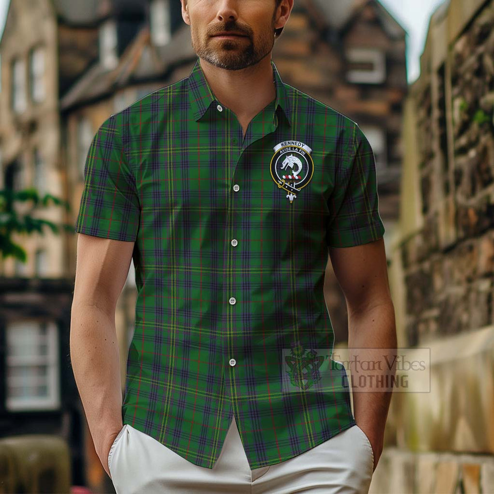 Tartan Vibes Clothing Kennedy Tartan Short Sleeve Button Shirt with Family Crest Celtic Skull Style