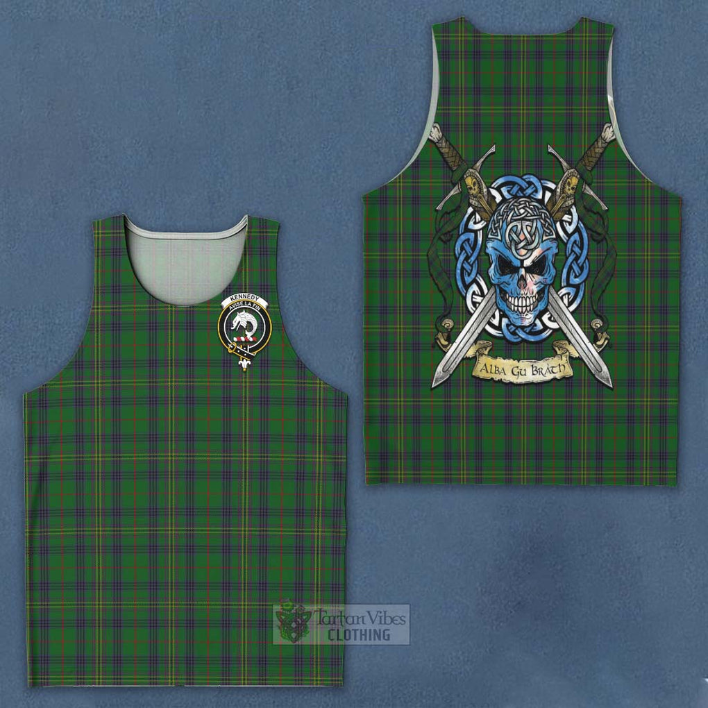 Tartan Vibes Clothing Kennedy Tartan Men's Tank Top with Family Crest Celtic Skull Style