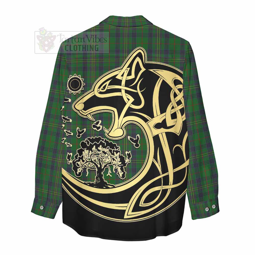 Tartan Vibes Clothing Kennedy Tartan Women's Casual Shirt with Family Crest Celtic Wolf Style