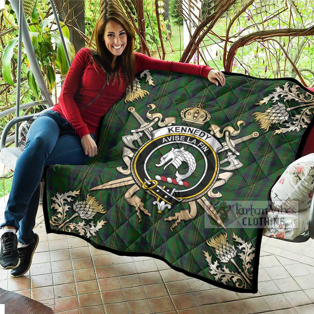 Tartan Vibes Clothing Kennedy Tartan Quilt with Family Crest and Scottish Golden Courage Shield