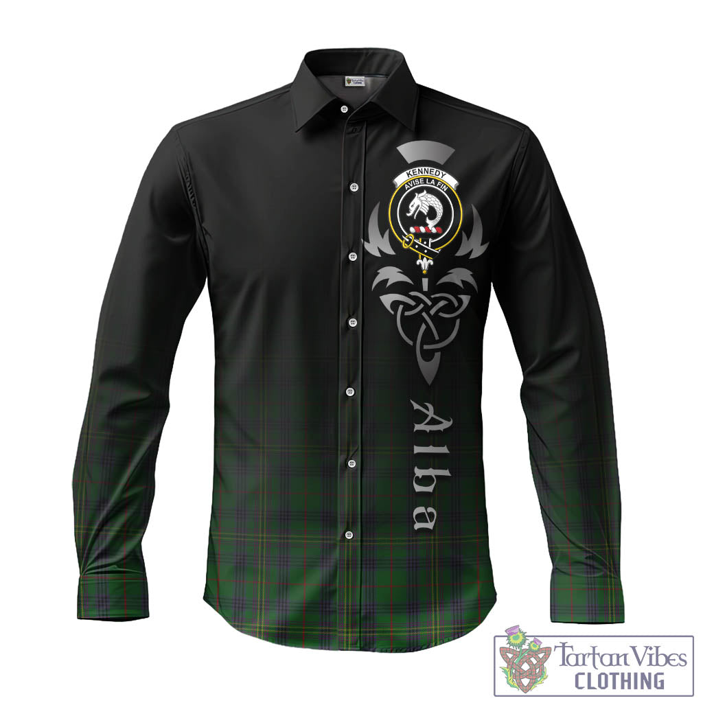 Tartan Vibes Clothing Kennedy Tartan Long Sleeve Button Up Featuring Alba Gu Brath Family Crest Celtic Inspired