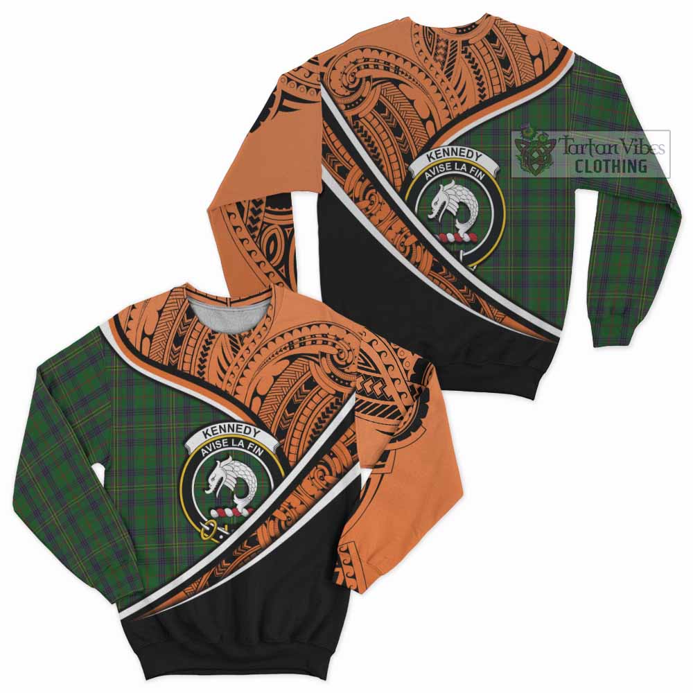 Tartan Vibes Clothing Kennedy Crest Tartan Sweatshirt with Maori Tattoo Style - Orange Version