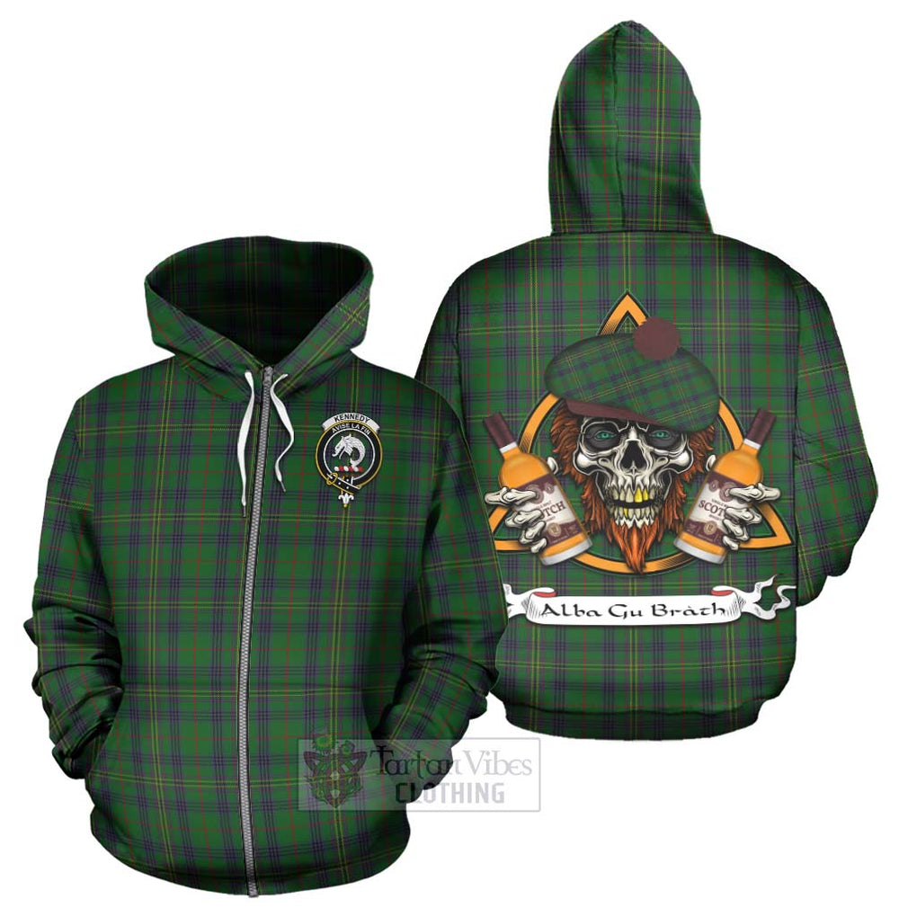 Tartan Vibes Clothing Kennedy Tartan Hoodie with Family Crest and Bearded Skull Holding Bottles of Whiskey