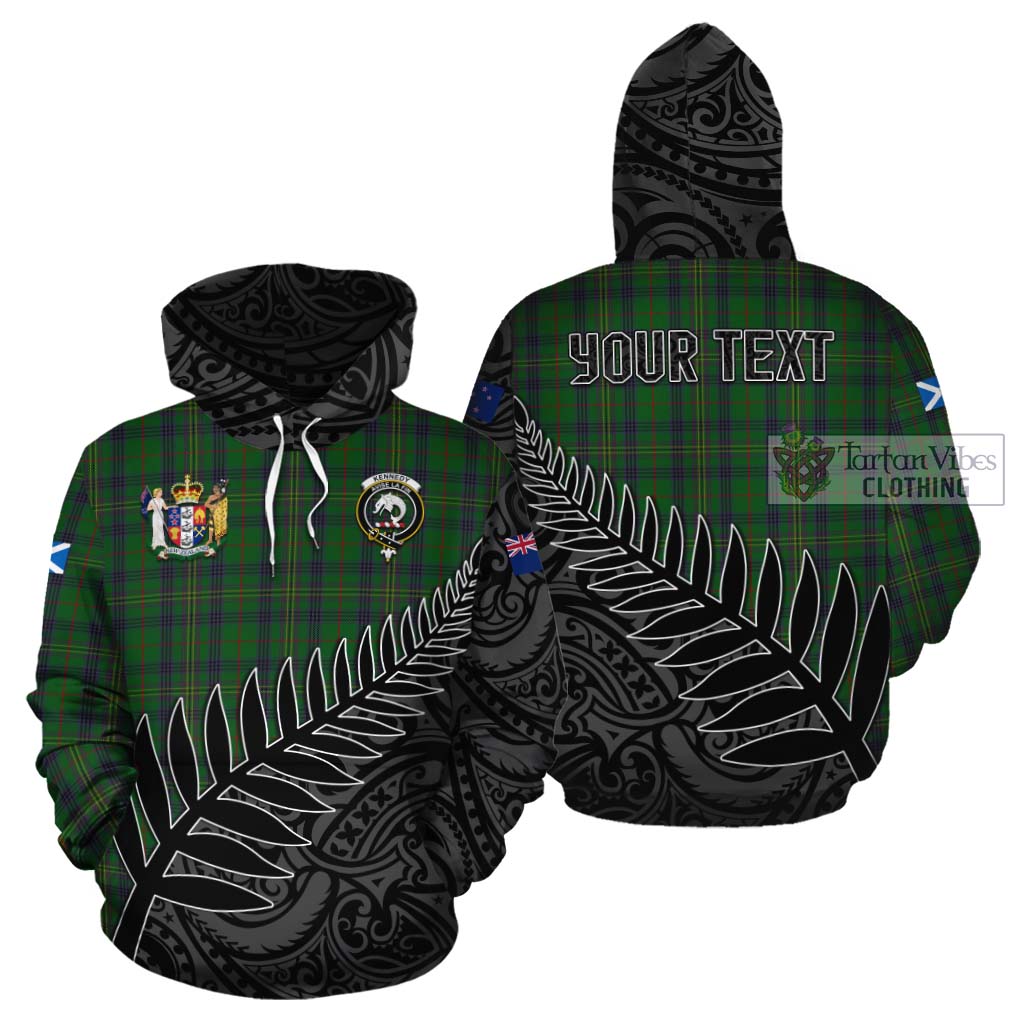 Tartan Vibes Clothing Kennedy Crest Tartan Cotton Hoodie with New Zealand Silver Fern Half Style