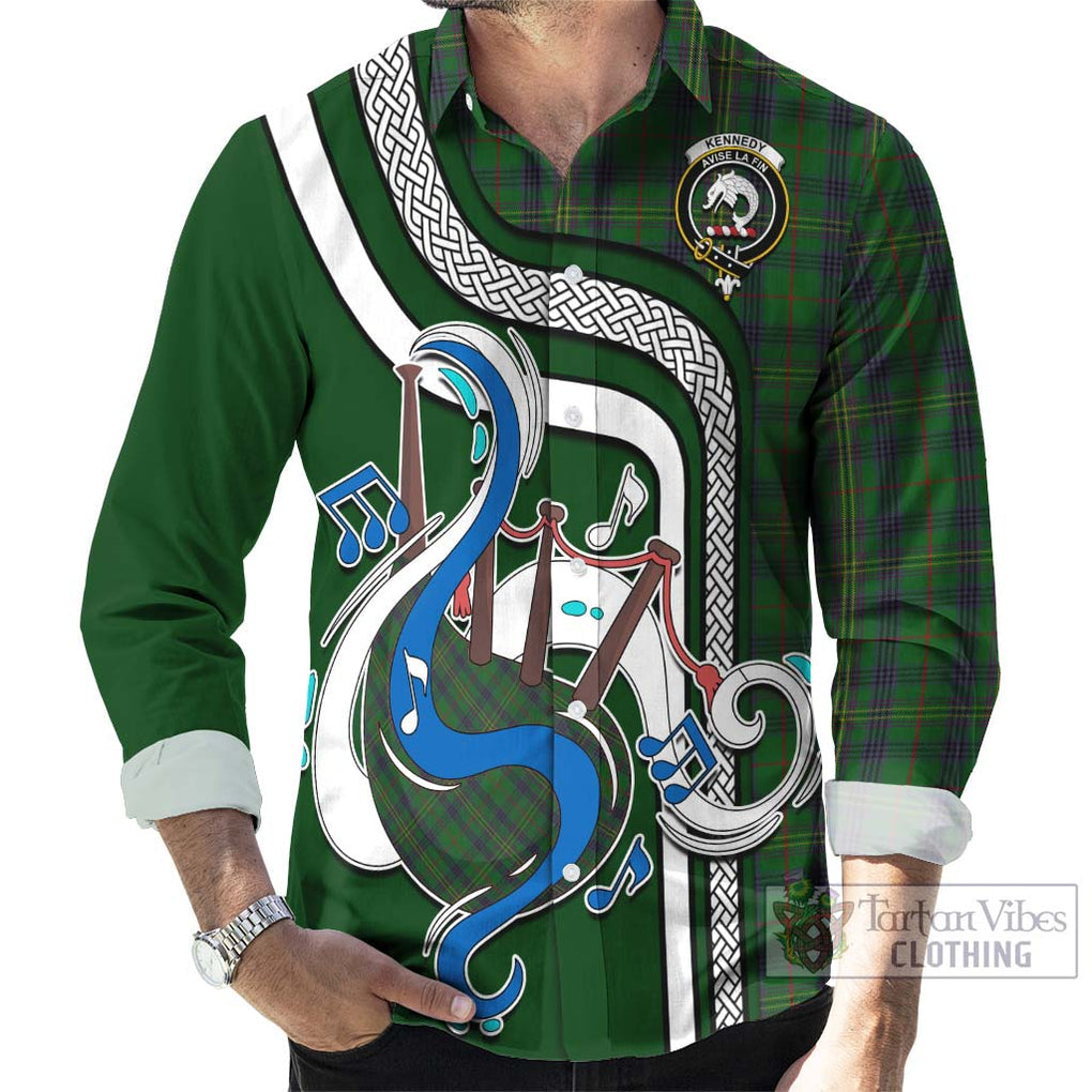 Kennedy Tartan Long Sleeve Button Shirt with Epic Bagpipe Style - Tartanvibesclothing Shop