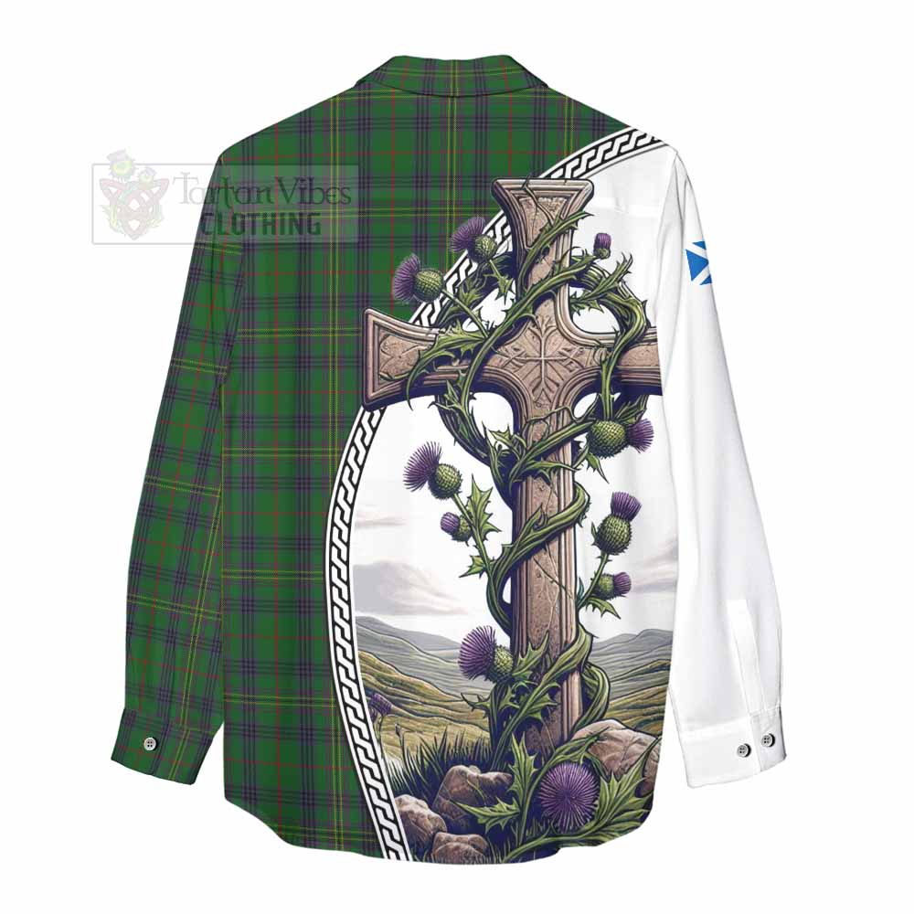 Tartan Vibes Clothing Kennedy Tartan Women's Casual Shirt with Family Crest and St. Andrew's Cross Accented by Thistle Vines