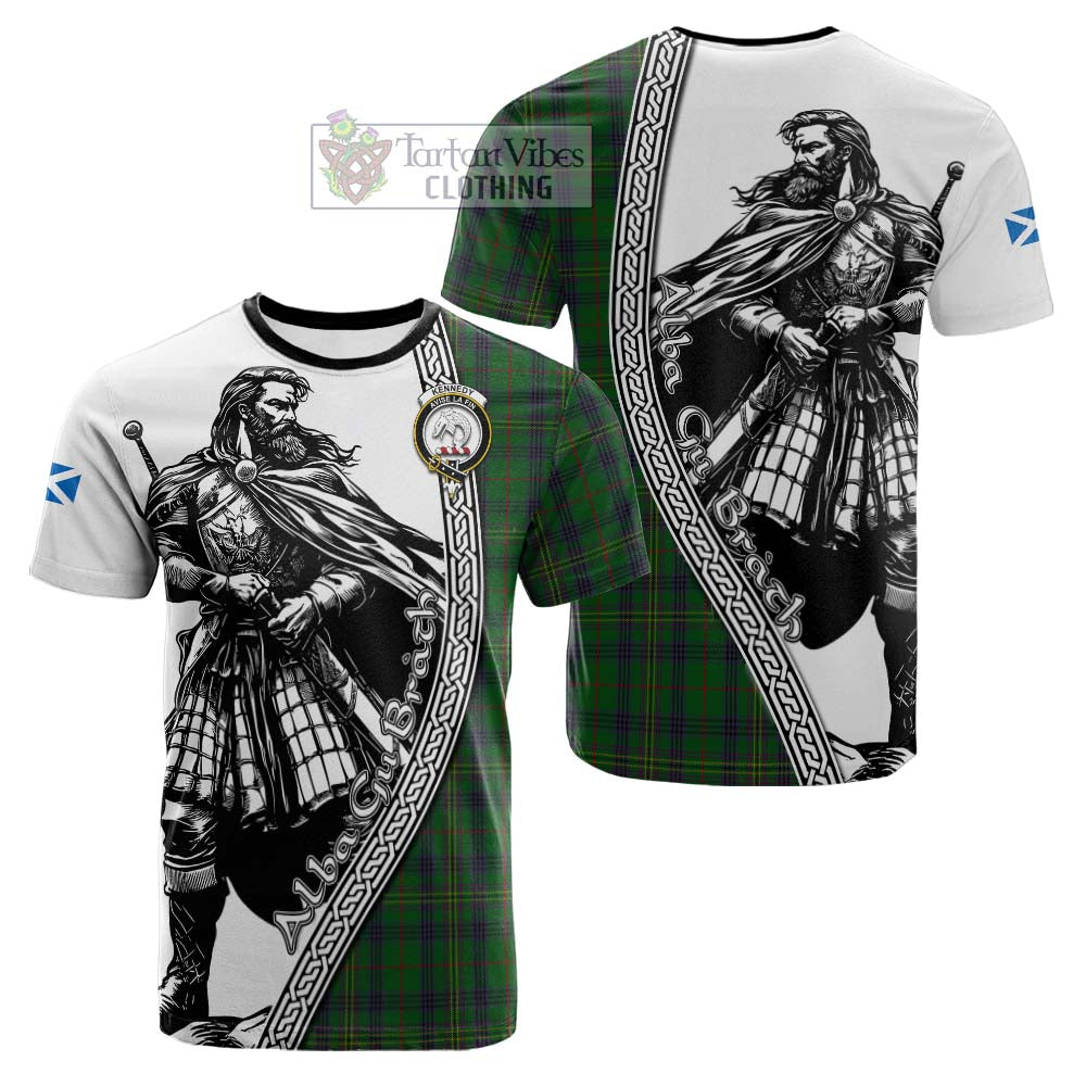 Kennedy Tartan Clan Crest Cotton T-shirt with Highlander Warrior Celtic Style