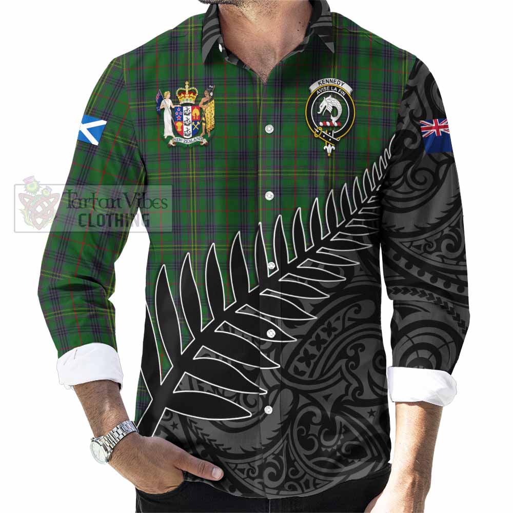 Tartan Vibes Clothing Kennedy Crest Tartan Long Sleeve Button Shirt with New Zealand Silver Fern Half Style