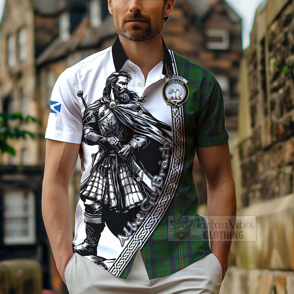 Tartan Vibes Clothing Kennedy Tartan Clan Crest Short Sleeve Button Shirt with Highlander Warrior Celtic Style