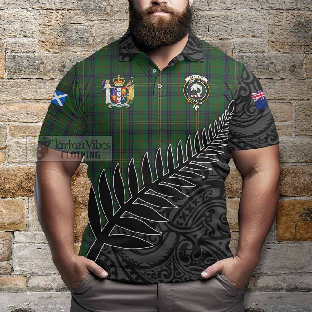 Tartan Vibes Clothing Kennedy Crest Tartan Polo Shirt with New Zealand Silver Fern Half Style