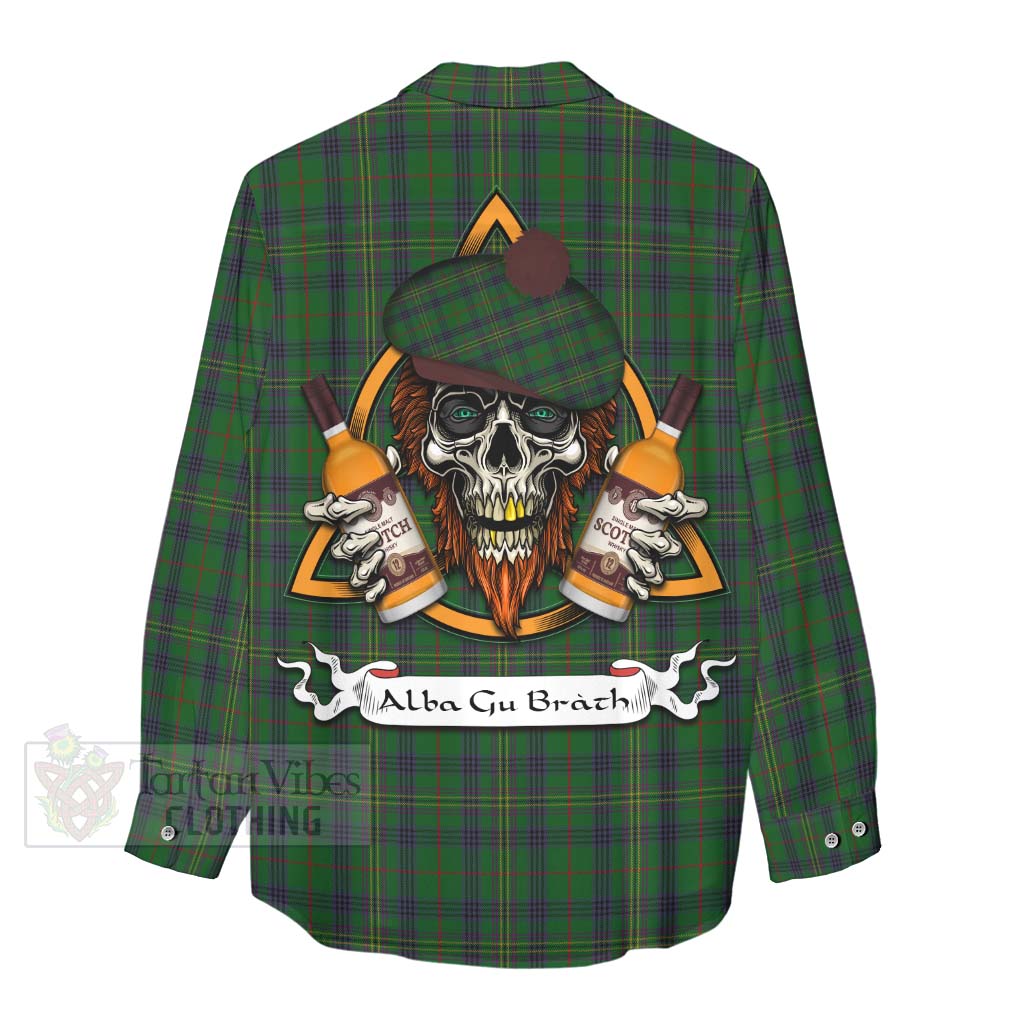 Tartan Vibes Clothing Kennedy Tartan Women's Casual Shirt with Family Crest and Bearded Skull Holding Bottles of Whiskey