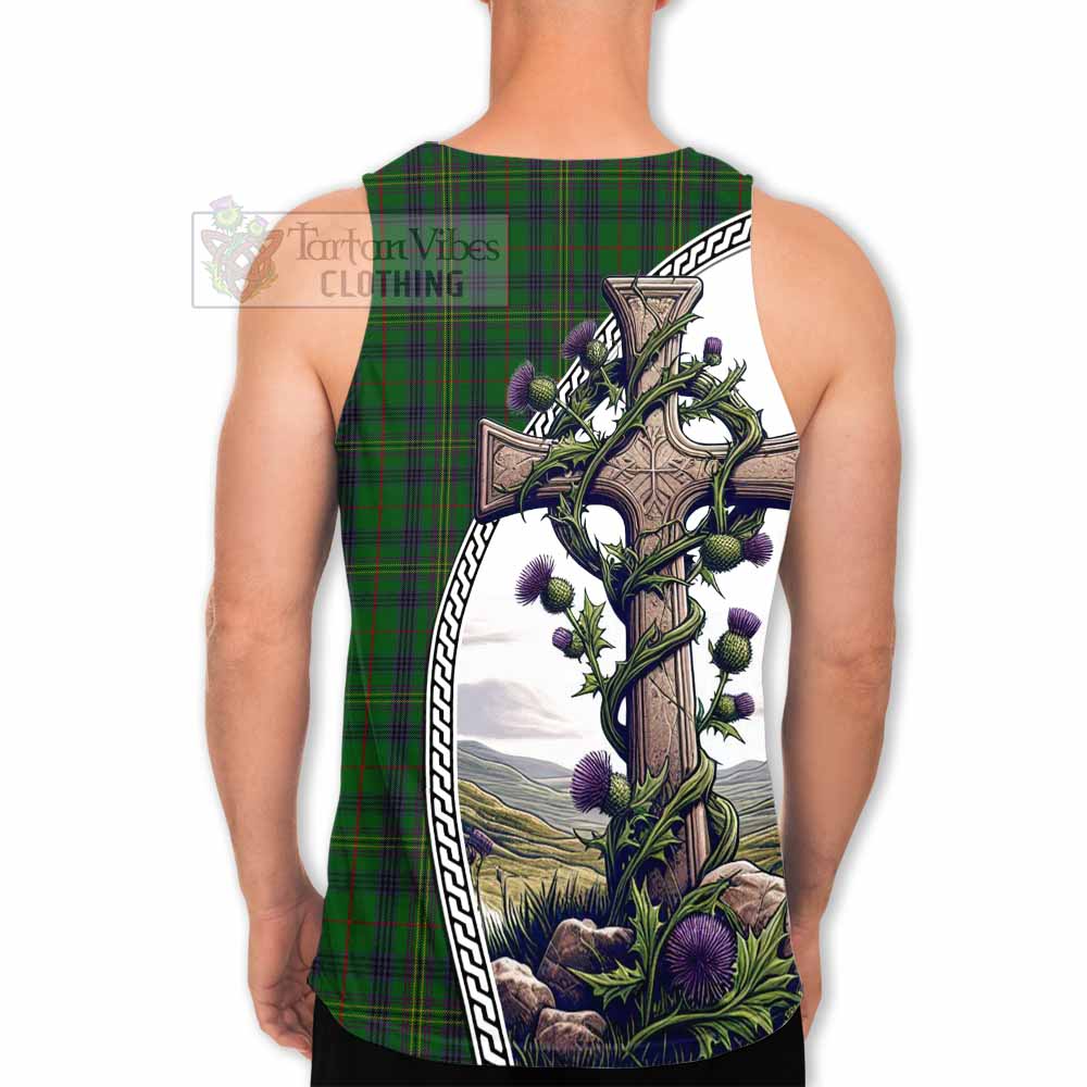 Tartan Vibes Clothing Kennedy Tartan Men's Tank Top with Family Crest and St. Andrew's Cross Accented by Thistle Vines