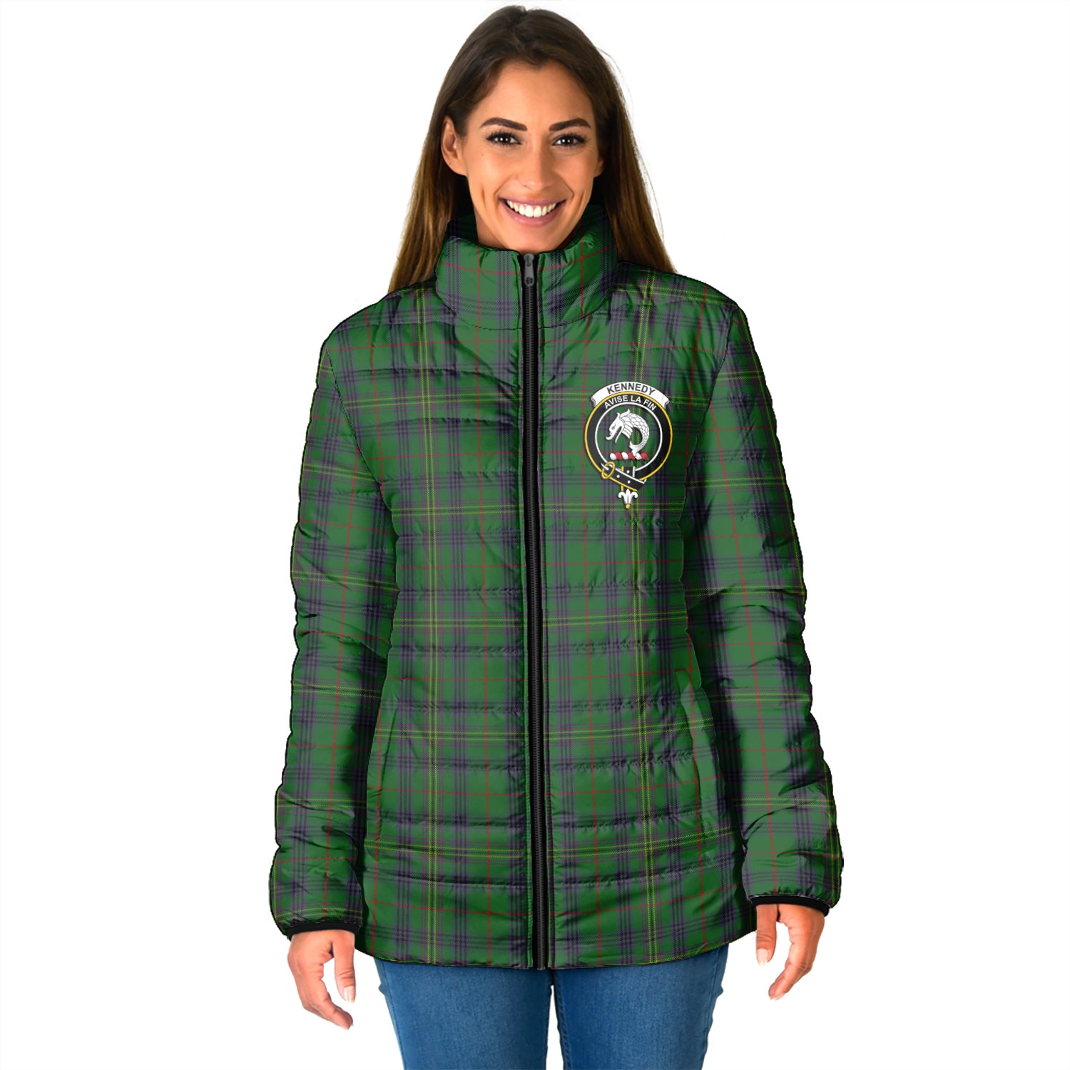 Kennedy Tartan Padded Jacket with Family Crest - Tartan Vibes Clothing