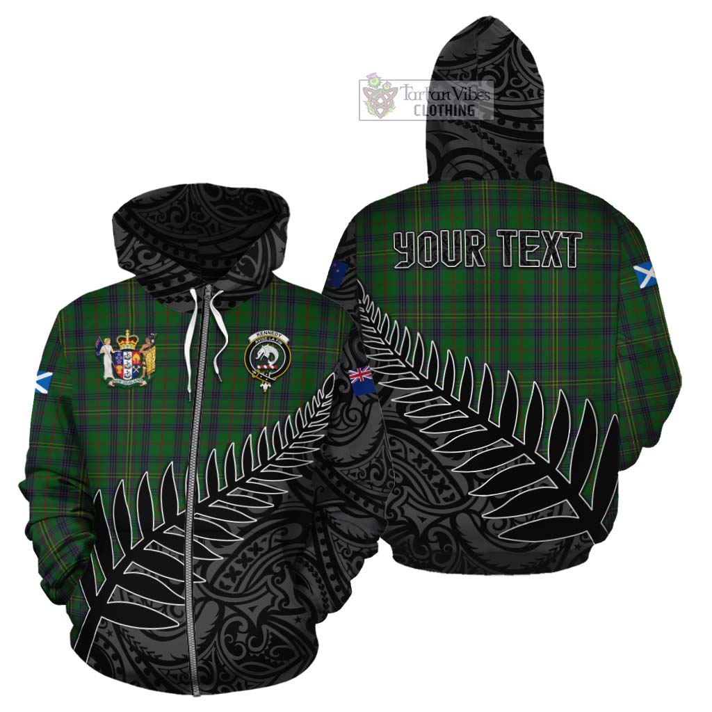 Tartan Vibes Clothing Kennedy Crest Tartan Cotton Hoodie with New Zealand Silver Fern Half Style