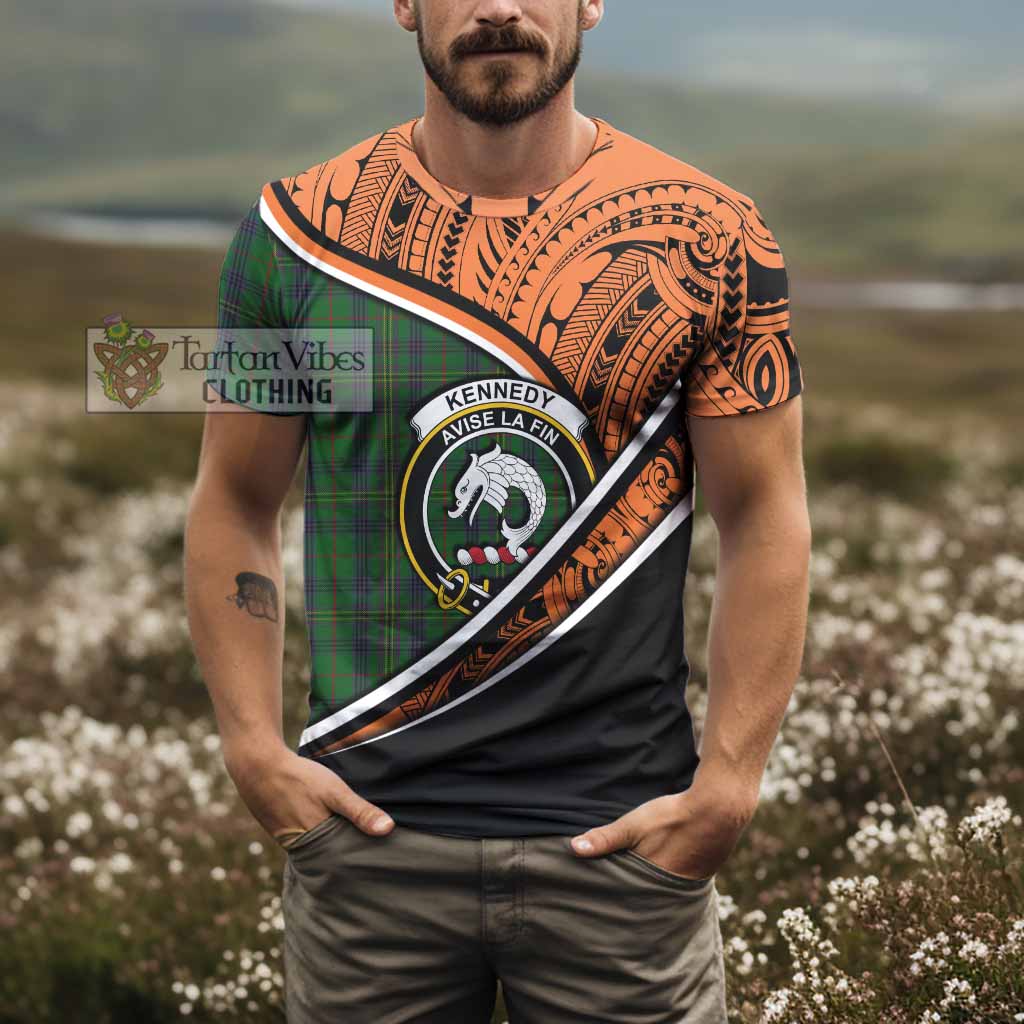 Tartan Vibes Clothing Kennedy Crest Tartan T-Shirt with Maori Tattoo Style - Orange Version