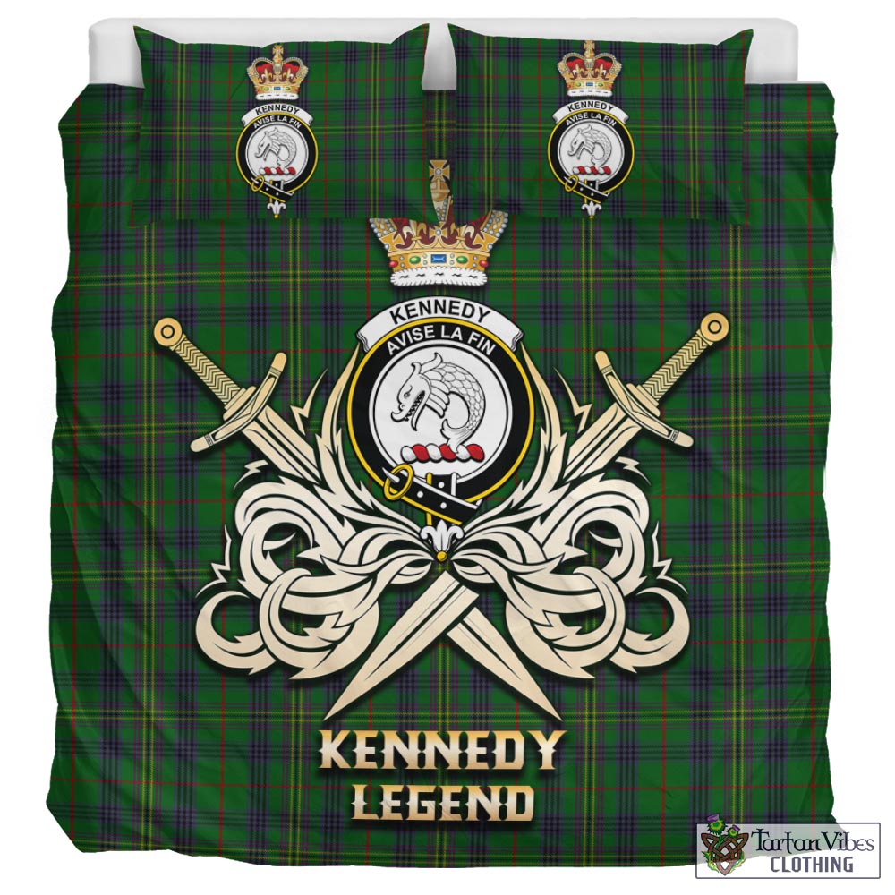 Tartan Vibes Clothing Kennedy Tartan Bedding Set with Clan Crest and the Golden Sword of Courageous Legacy