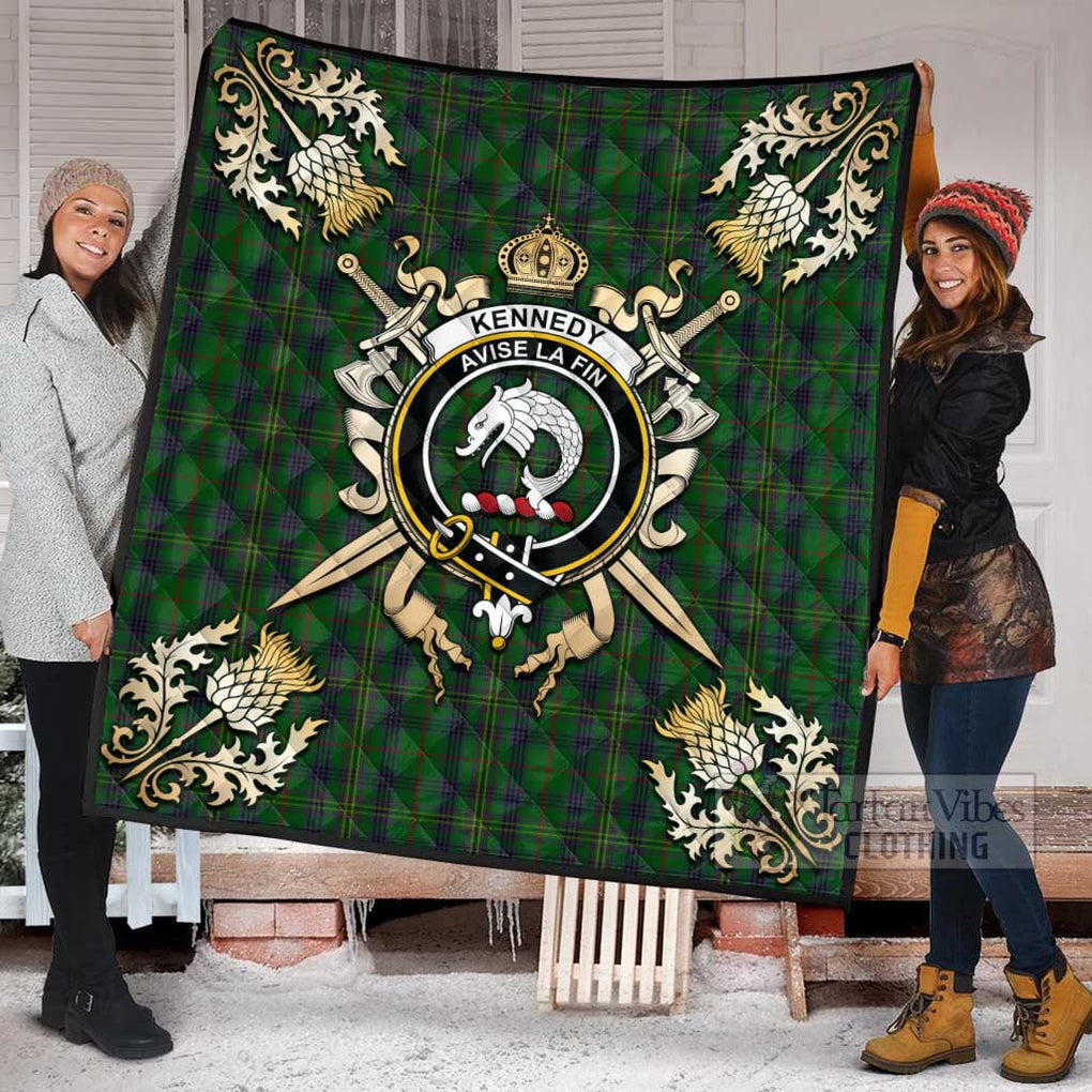 Tartan Vibes Clothing Kennedy Tartan Quilt with Family Crest and Scottish Golden Courage Shield