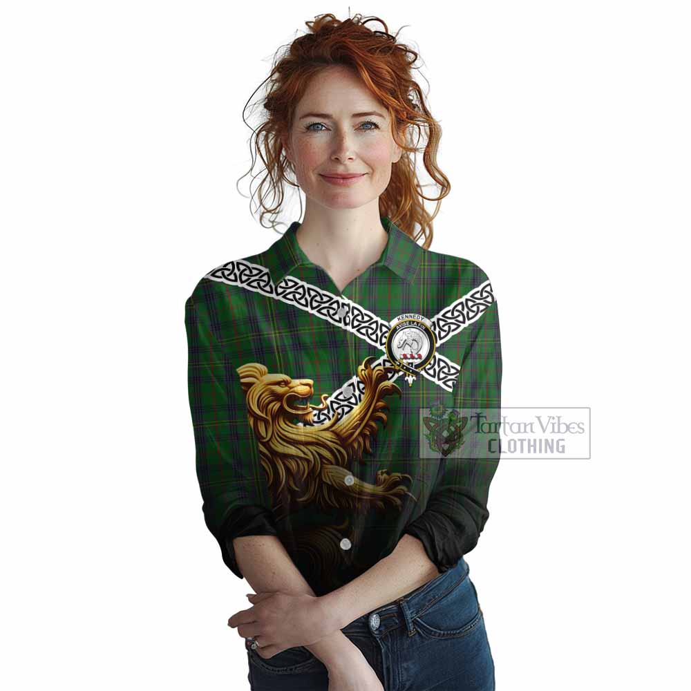 Kennedy Crest Tartan Women's Casual Shirt with Golden Lion Emblem Celtic Style - Tartan Vibes Clothing