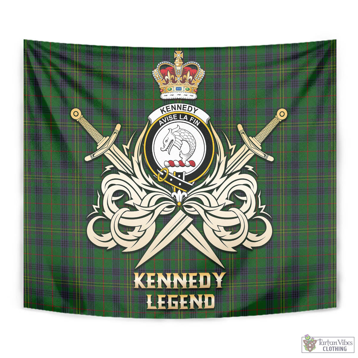 Tartan Vibes Clothing Kennedy Tartan Tapestry with Clan Crest and the Golden Sword of Courageous Legacy