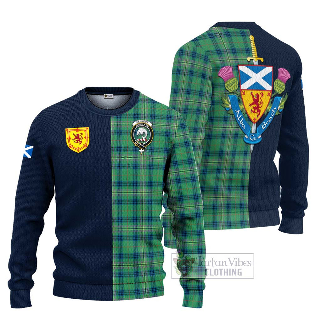 Tartan Vibes Clothing Kennedy Ancient Tartan Knitted Sweater with Scottish Lion Royal Arm Half Style