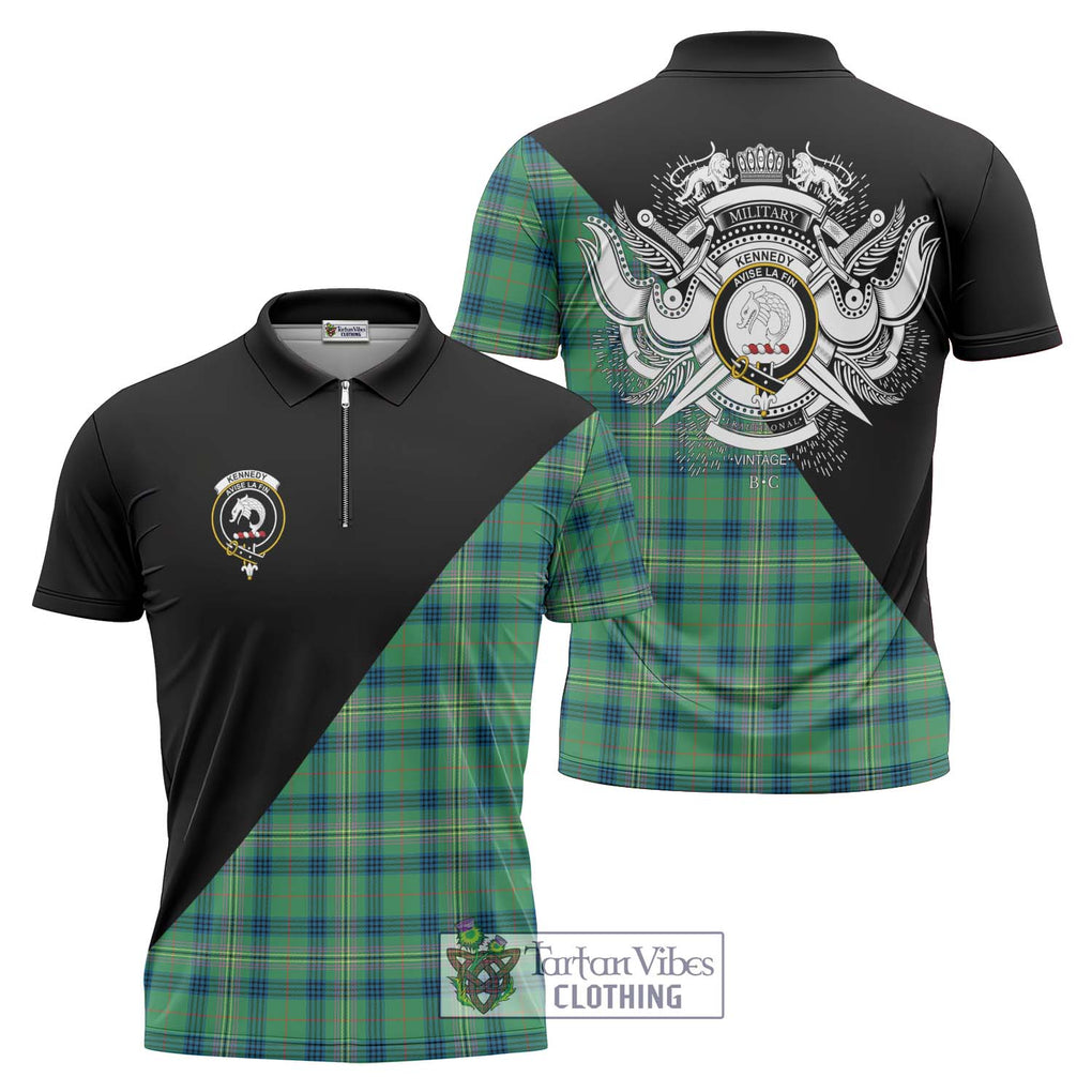 Kennedy Ancient Tartan Zipper Polo Shirt with Family Crest and Military Logo Style Unisex - Tartanvibesclothing Shop